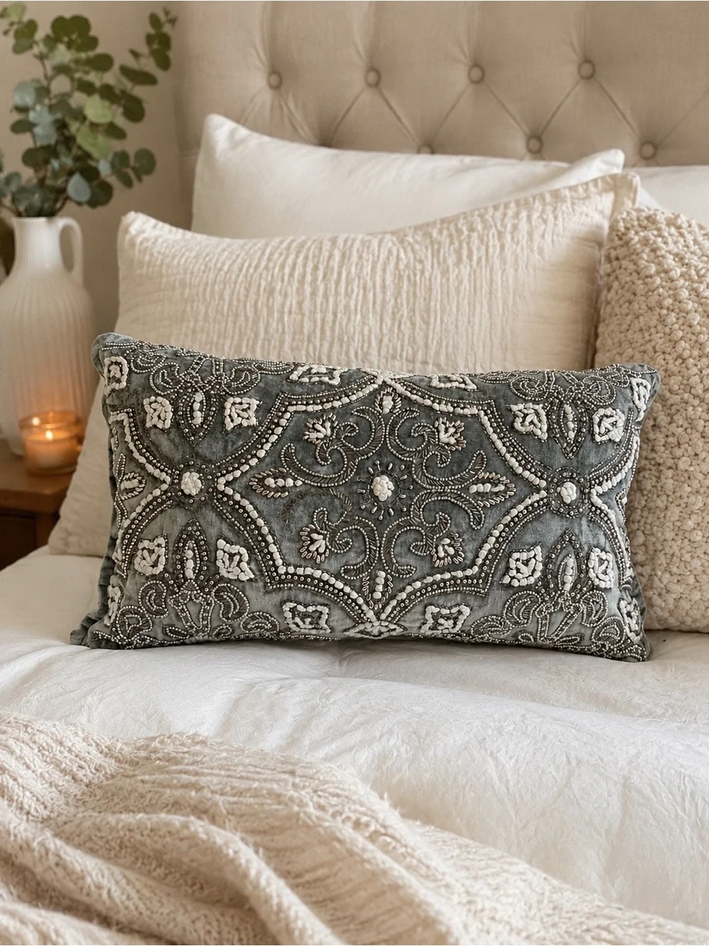 NWT Embellished Gray Velvet Lumbar Beaded Pillow Silver White Accents